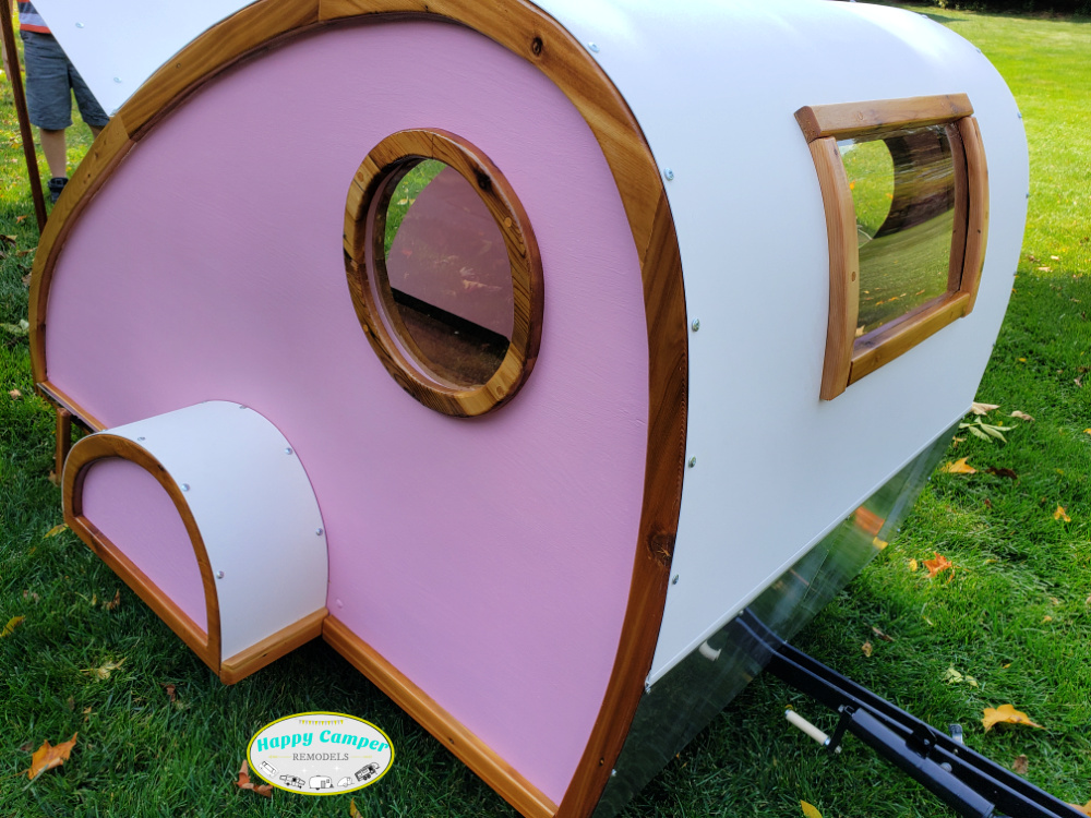 DIY teardrop kids camper closeup and porthole window